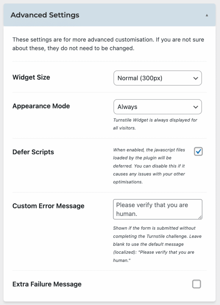 Capture d'écran de la configuration du widget du Simple Cloudflare Turnstile