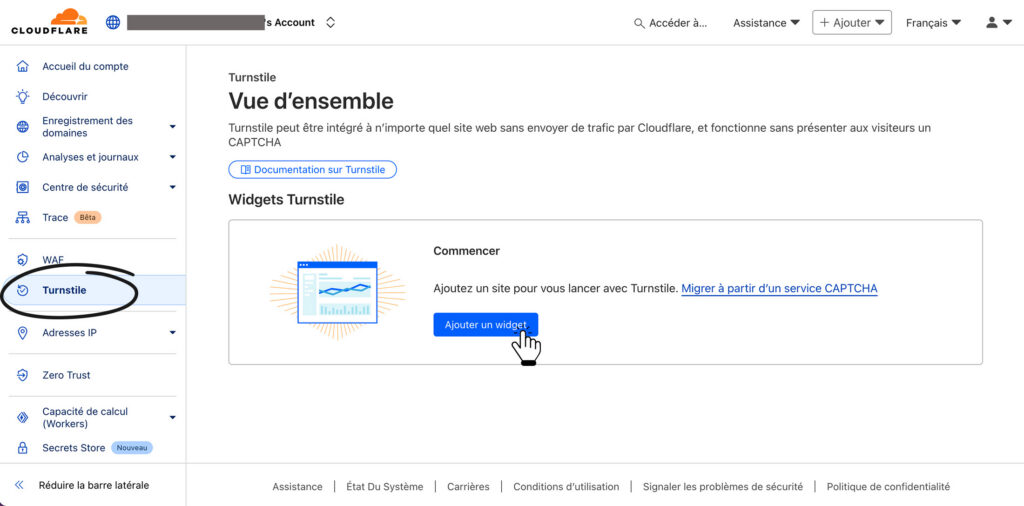 Créer un Turnstile dans l'interface d'admin Cloudflare