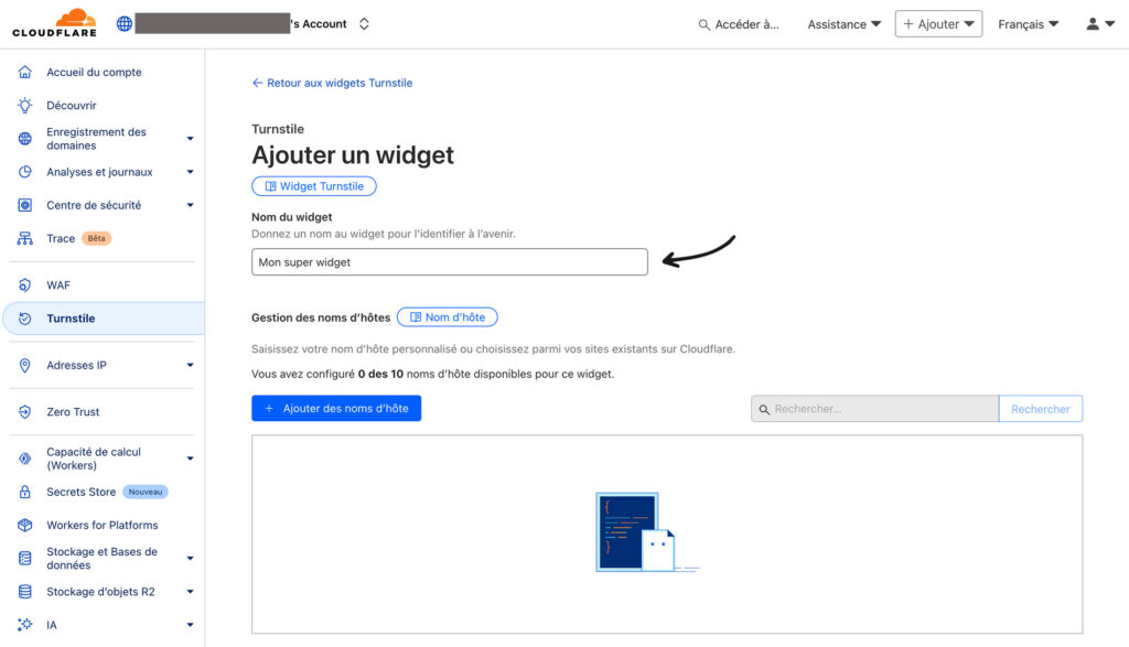 Nommer le widget Turnstile Cloudflare