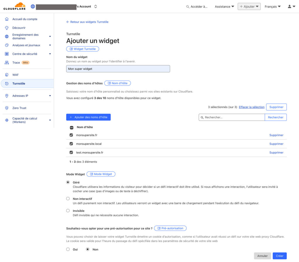 Capture d'écran de la configuration du widget Turnstile Cloudflare