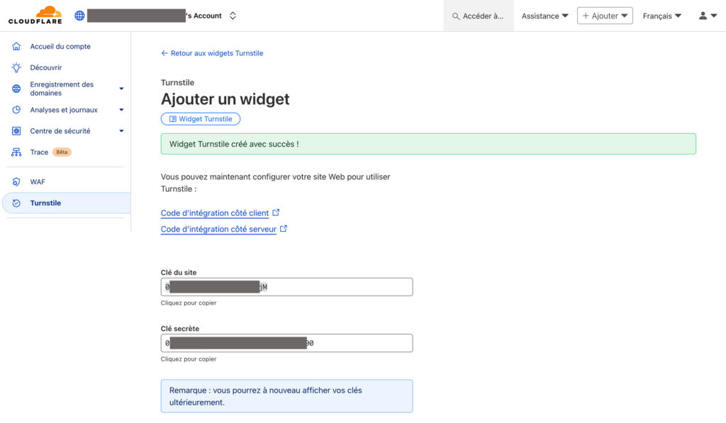 Les clés d'APi de notre Turnstile