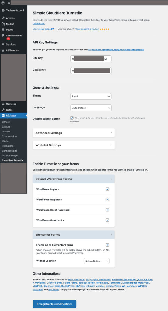 Capture d'écran de la configuration du plugin Simple Cloudflare Turnstile